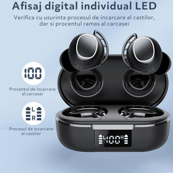 Casti Wireless Audio fara Fir, Bluetooth 5.3, Microfon, Afisaj LED Control Tactil, Autonomie 60h, Tip Incarcare Type-C, Carcasa Magnetica, Rezistenta la Apa IPX8, 500mAh, Negru [8]