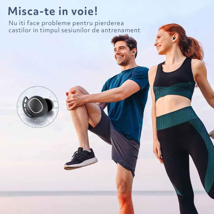 Casti Wireless Audio fara Fir, Bluetooth 5.3, Microfon, Afisaj LED Control Tactil, Autonomie 60h, Tip Incarcare Type-C, Carcasa Magnetica, Rezistenta la Apa IPX8, 500mAh, Negru [3]