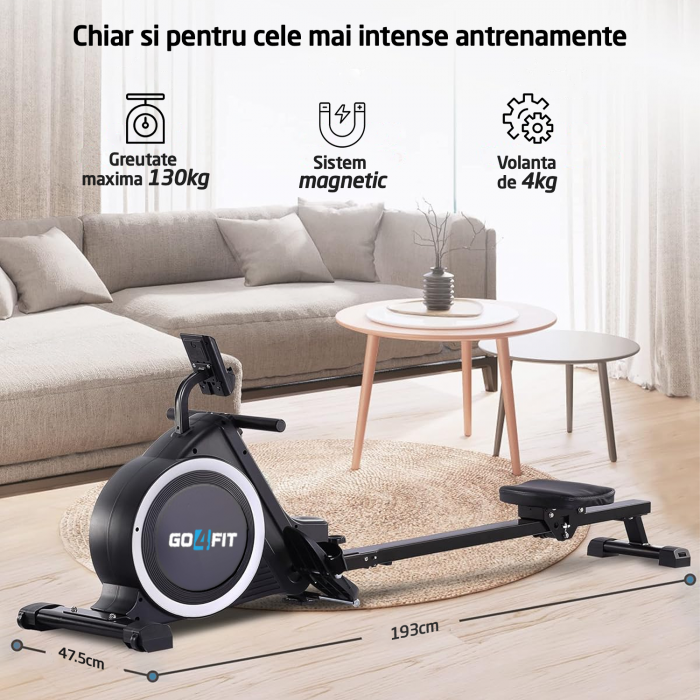 Aparat Vaslit GO4FIT® Model R100, Volanta Magnetica 4kg, Greutate Suportata 130kg, 16 Trepte, Bluetooth, Aplicatii, Kinomap, Zwift, FitShow, Pliabil, Suport Telefon, Afisaj Digital [4]