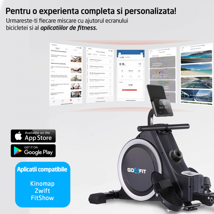 Aparat Vaslit GO4FIT® Model R100, Volanta Magnetica 4kg, Greutate Suportata 130kg, 16 Trepte, Bluetooth, Aplicatii, Kinomap, Zwift, FitShow, Pliabil, Suport Telefon, Afisaj Digital [3]