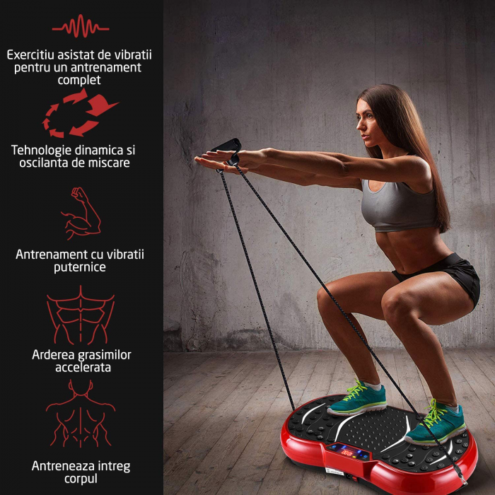 Aparat vibromasaj, GO4FIT, model GF1000, platforma vibratii cu 2 benzi de rezistenta fitness , greutate maxim admisa 120 kg, putere 200 W, telecomanda inclusa, rosu [6]