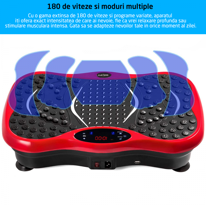 Aparat vibromasaj, GO4FIT, model GF1000, platforma vibratii cu 2 benzi de rezistenta fitness , greutate maxim admisa 120 kg, putere 200 W, telecomanda inclusa, rosu [2]