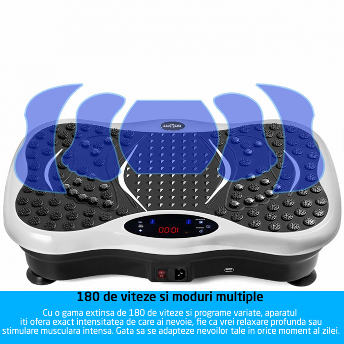 Aparat vibromasaj, GO4FIT, model GF1000, platforma vibratii cu 2 benzi de rezistenta fitness , greutate maxim admisa 120 kg, putere 200 W, telecomanda inclusa, alb [7]
