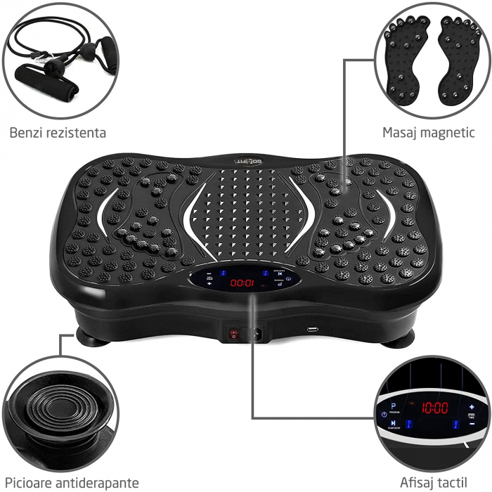 Aparat vibromasaj, GO4FIT, model GF1000, platforma vibratii cu 2 benzi de rezistenta fitness , greutate maxim admisa 120 kg, putere 200 W, telecomanda inclusa, negru [9]