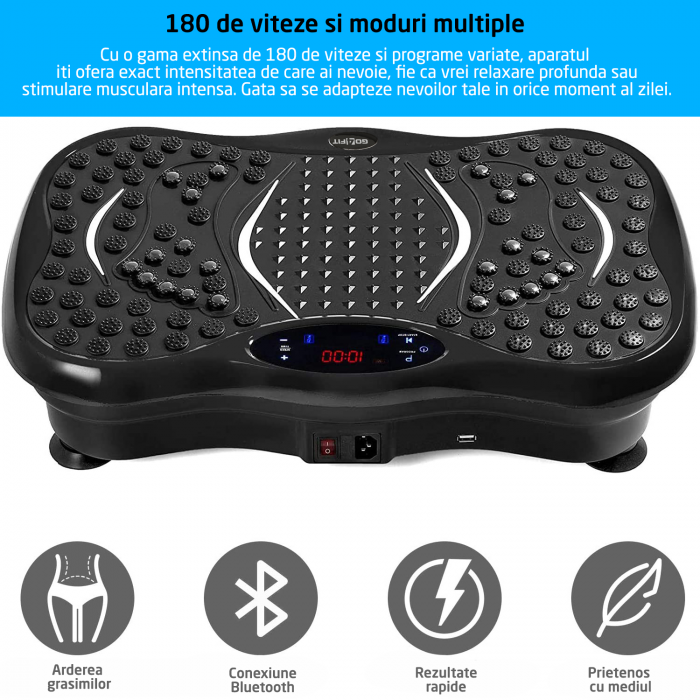 Aparat vibromasaj, GO4FIT, model GF1000, platforma vibratii cu 2 benzi de rezistenta fitness , greutate maxim admisa 120 kg, putere 200 W, telecomanda inclusa, negru [7]