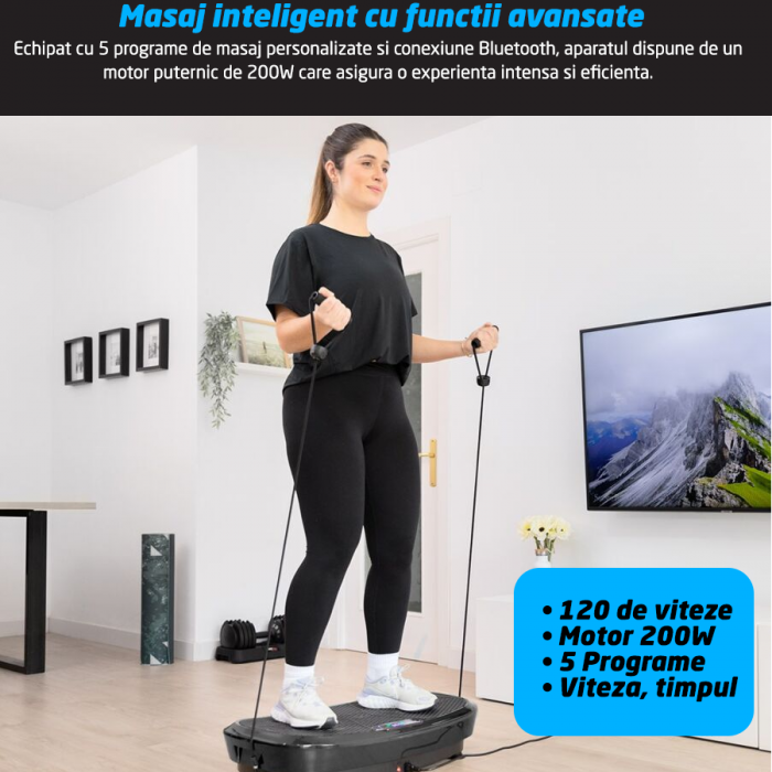 Aparat Vibromasaj GO4FIT®, Model GF2000, 200W, 120 Niveluri Viteza, Programe Presetate P1-P5, Bluetooth & Boxe, Telecomanda, Benzi Incluse, Greutate Maxima 150 kg, Negru [2]