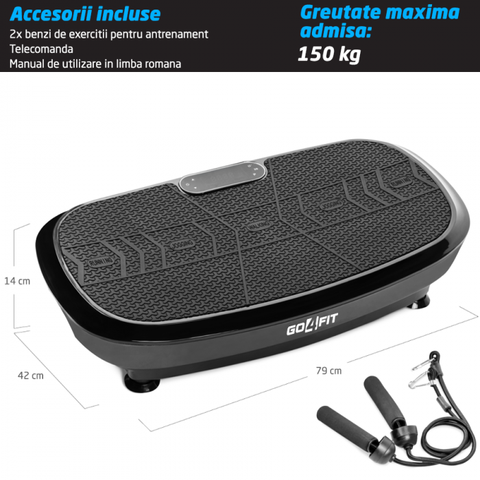 Aparat Vibromasaj GO4FIT®, Model GF2000, 200W, 120 Niveluri Viteza, Programe Presetate P1-P5, Bluetooth & Boxe, Telecomanda, Benzi Incluse, Greutate Maxima 150 kg, Negru [3]