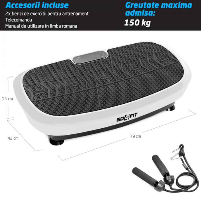 Aparat Vibromasaj GO4FIT®, Model GF2000, 200W, 120 Niveluri Viteza, Programe Presetate P1-P5, Bluetooth & Boxe, Telecomanda, Benzi Incluse, Greutate Maxima 150 kg, Alb [2]