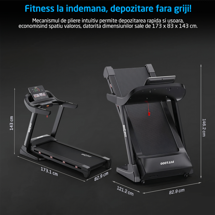 Banda de Alergare Electrica GO4FIT® Premium, Model FIT1000, Motor 4.5 CP, Viteza 1-20 km/h, Aparat Masaj, 15 Programe, Inclinare Automata 20%, Greutate Maxima Utilizator 140 kg, Bluetooth [7]