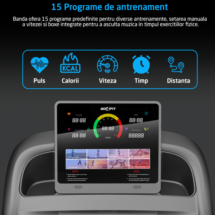 Banda de Alergare Electrica GO4FIT® Premium, Model FIT1000, Motor 4.5 CP, Viteza 1-20 km/h, Aparat Masaj, 15 Programe, Inclinare Automata 20%, Greutate Maxima Utilizator 140 kg, Bluetooth [3]