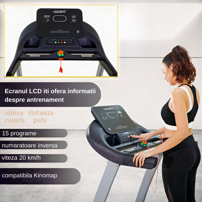 Banda de Alergare Electrica GO4FIT® Premium, Model FIT2000, Motor 4 CP, Viteza 1-20 km/h, Inclinare Automata 15%, Greutate Maxima Utilizator 150 kg, Bluetooth, Aplicatii, Cheie Siguranta [6]
