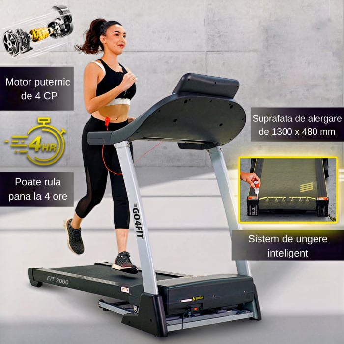 Banda de Alergare Electrica GO4FIT® Premium, Model FIT2000, Motor 4 CP, Viteza 1-20 km/h, Inclinare Automata 15%, Greutate Maxima Utilizator 150 kg, Bluetooth, Aplicatii, Cheie Siguranta [2]