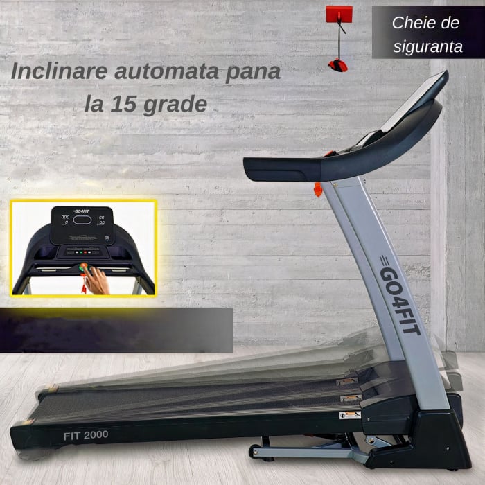 Banda de Alergare Electrica GO4FIT® Premium, Model FIT2000, Motor 4 CP, Viteza 1-20 km/h, Inclinare Automata 15%, Greutate Maxima Utilizator 150 kg, Bluetooth, Aplicatii, Cheie Siguranta [8]