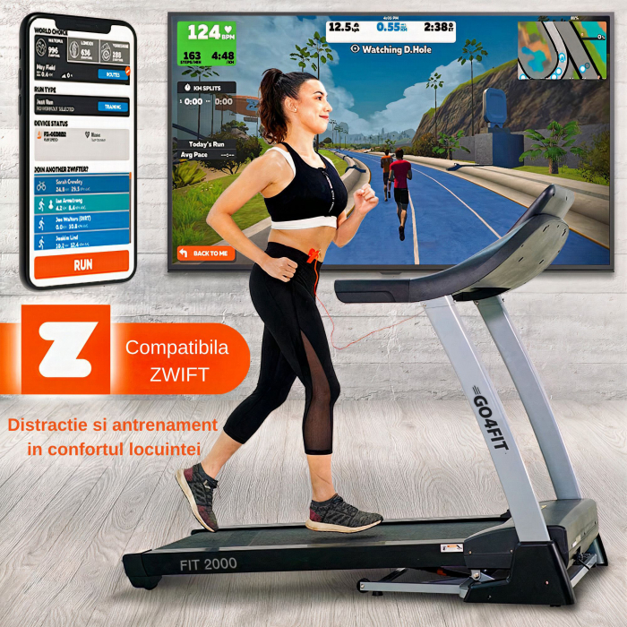Banda de Alergare Electrica GO4FIT® Premium, Model FIT2000, Motor 4 CP, Viteza 1-20 km/h, Inclinare Automata 15%, Greutate Maxima Utilizator 150 kg, Bluetooth, Aplicatii, Cheie Siguranta [3]