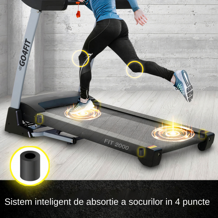 Banda de Alergare Electrica GO4FIT® Premium, Model FIT2000, Motor 4 CP, Viteza 1-20 km/h, Inclinare Automata 15%, Greutate Maxima Utilizator 150 kg, Bluetooth, Aplicatii, Cheie Siguranta [11]