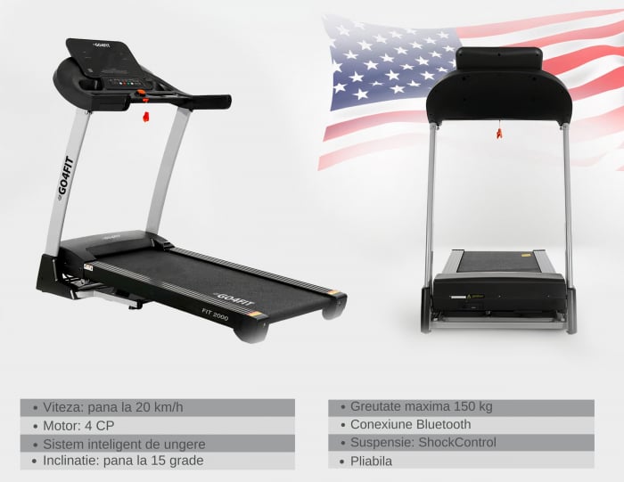 Banda de Alergare Electrica GO4FIT® Premium, Model FIT2000, Motor 4 CP, Viteza 1-20 km/h, Inclinare Automata 15%, Greutate Maxima Utilizator 150 kg, Bluetooth, Aplicatii, Cheie Siguranta [12]