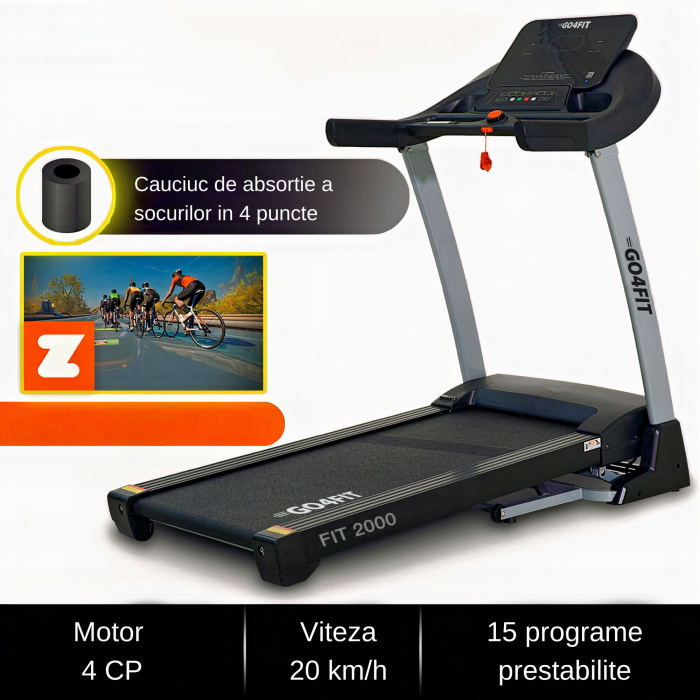 Banda de Alergare Electrica GO4FIT® Premium, Model FIT2000, Motor 4 CP, Viteza 1-20 km/h, Inclinare Automata 15%, Greutate Maxima Utilizator 150 kg, Bluetooth, Aplicatii, Cheie Siguranta [4]