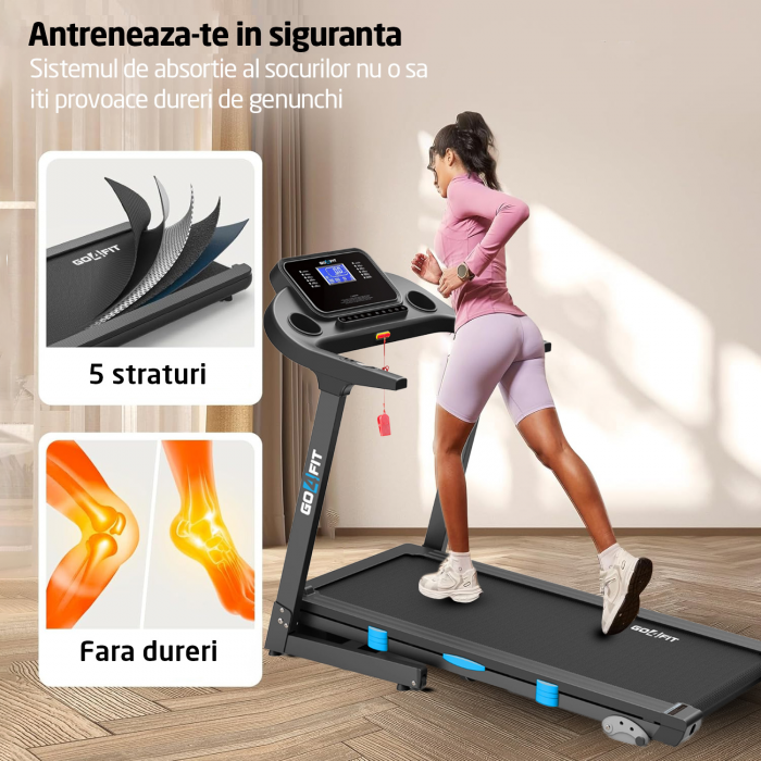 Banda de Alergat GO4FIT® Model FIT100, Viteza Maxima 16km/h, Motor 3.5CP, Sistem Pliere Hidraulic, Amortizare, Inclinare Manuala, Bluetooth, Aplicatii Telefon, Greutate Maxima Utilizator 130kg [6]