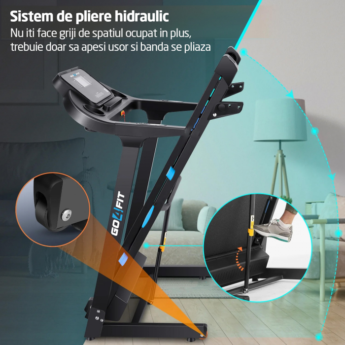 Banda de Alergat GO4FIT® Model FIT100, Viteza Maxima 16km/h, Motor 3.5CP, Sistem Pliere Hidraulic, Amortizare, Inclinare Manuala, Bluetooth, Aplicatii Telefon, Greutate Maxima Utilizator 130kg [5]
