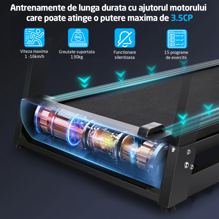 Banda de Alergat GO4FIT® Model FIT100, Viteza Maxima 16km/h, Motor 3.5CP, Sistem Pliere Hidraulic, Amortizare, Inclinare Manuala, Bluetooth, Aplicatii Telefon, Greutate Maxima Utilizator 130kg [2]