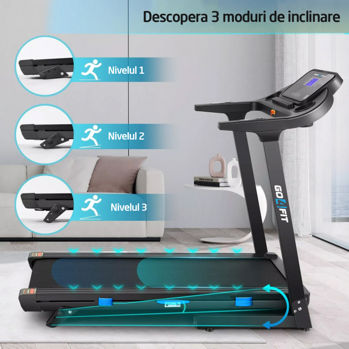Banda de Alergat GO4FIT® Model FIT100, Viteza Maxima 16km/h, Motor 3.5CP, Sistem Pliere Hidraulic, Amortizare, Inclinare Manuala, Bluetooth, Aplicatii Telefon, Greutate Maxima Utilizator 130kg [8]