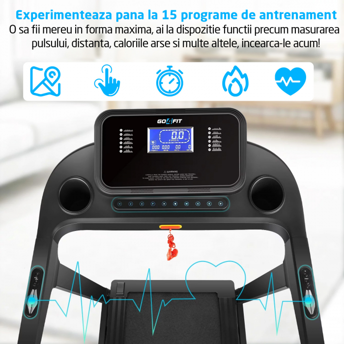Banda de Alergat GO4FIT® Model FIT100, Viteza Maxima 16km/h, Motor 3.5CP, Sistem Pliere Hidraulic, Amortizare, Inclinare Manuala, Bluetooth, Aplicatii Telefon, Greutate Maxima Utilizator 130kg [4]