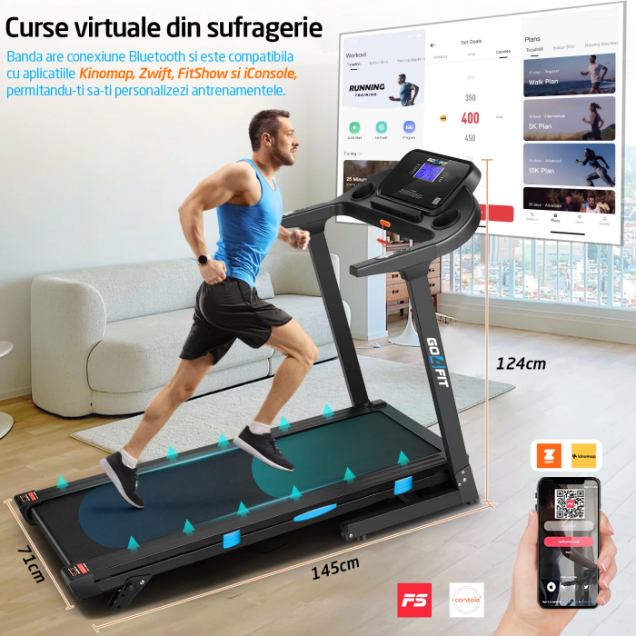 Banda de Alergat GO4FIT® Model FIT100, Viteza Maxima 16km/h, Motor 3.5CP, Sistem Pliere Hidraulic, Amortizare, Inclinare Manuala, Bluetooth, Aplicatii Telefon, Greutate Maxima Utilizator 130kg [7]