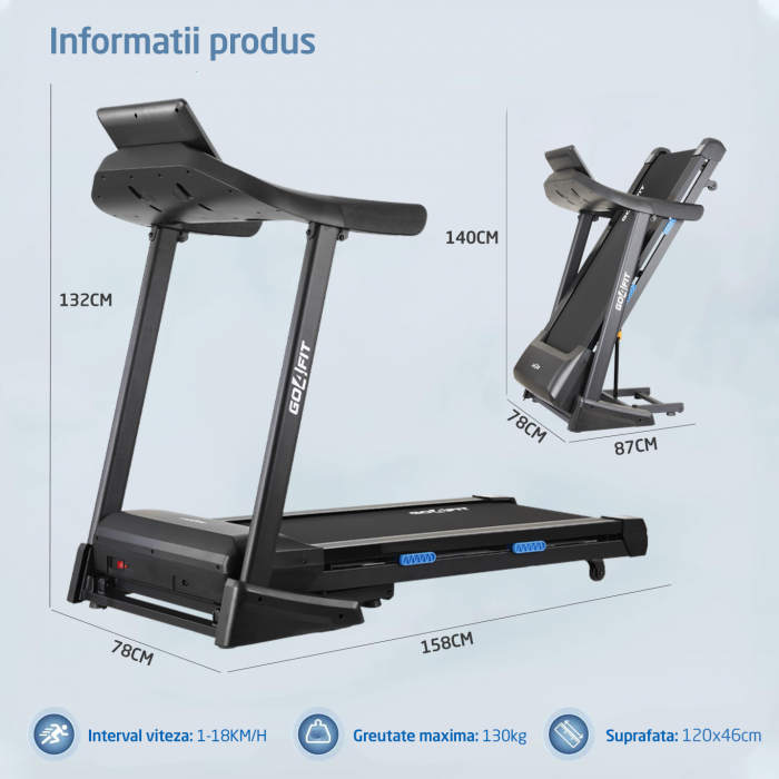 Banda de Alergat GO4FIT® Model FIT200, Viteza Maxima 18km/h, Motor 3.5CP, Sistem Pliere Hidraulic, Amortizare, Inclinare Automanta 15 Grade, Bluetooth, Aplicatii Telefon, Greutate Maxima Utilizator 13 [6]