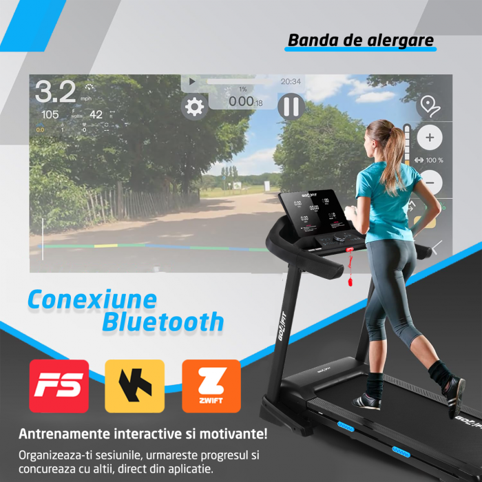 Banda de Alergat GO4FIT® Model FIT200, Viteza Maxima 18km/h, Motor 3.5CP, Sistem Pliere Hidraulic, Amortizare, Inclinare Automanta 15 Grade, Bluetooth, Aplicatii Telefon, Greutate Maxima Utilizator 13 [2]
