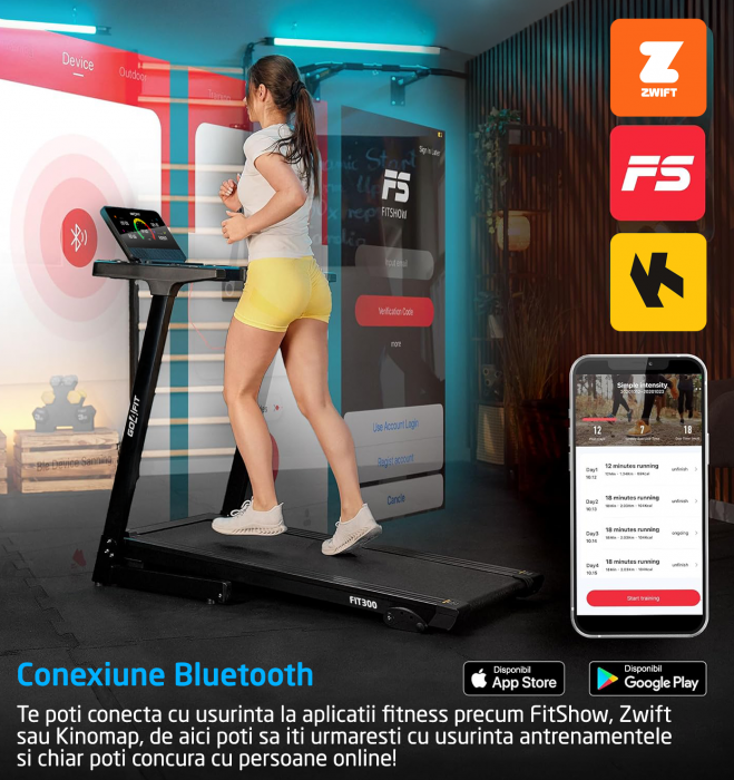 Banda de Alergat GO4FIT® Model FIT300, Viteza Maxima 16km/h, Motor 3CP, Sistem Pliere Hidraulic, 15 Programe, Bluetooth, Aplicatii, Kinomap, Zwift, FitShow, Greutate Utilizator 130 kg [7]