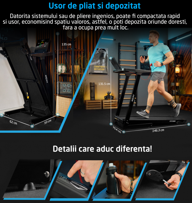 Banda de Alergat GO4FIT® Model FIT300, Viteza Maxima 16km/h, Motor 3CP, Sistem Pliere Hidraulic, 15 Programe, Bluetooth, Aplicatii, Kinomap, Zwift, FitShow, Greutate Utilizator 130 kg [8]