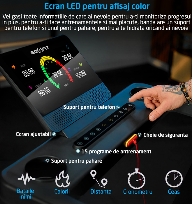 Banda de Alergat GO4FIT® Model FIT300, Viteza Maxima 16km/h, Motor 3CP, Sistem Pliere Hidraulic, 15 Programe, Bluetooth, Aplicatii, Kinomap, Zwift, FitShow, Greutate Utilizator 130 kg [5]
