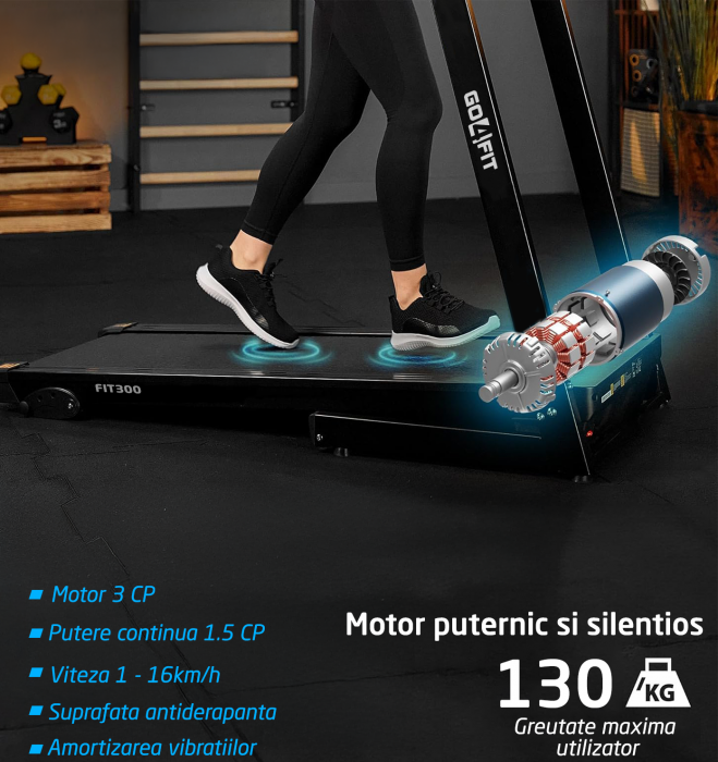 Banda de Alergat GO4FIT® Model FIT300, Viteza Maxima 16km/h, Motor 3CP, Sistem Pliere Hidraulic, 15 Programe, Bluetooth, Aplicatii, Kinomap, Zwift, FitShow, Greutate Utilizator 130 kg [2]