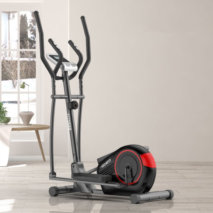 Bicicleta eliptica magnetica, GO4FIT, pentru fitness cu monitorizare activitati fizice, puls, viteza, timp, distanta si calorii, greutate maxima 110 kg, 8 niveluri de rezistenta, volanta 5 kg, rosie [2]