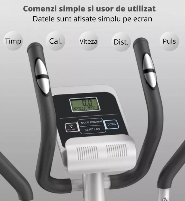 Bicicleta eliptica magnetica, GO4FIT, pentru fitness cu monitorizare activitati fizice, puls, viteza, timp, distanta si calorii, greutate maxima 110 kg, 8 niveluri de rezistenta, volanta 5 kg, rosie [3]
