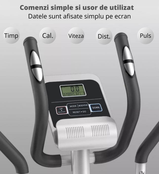 Bicicleta eliptica magnetica, GO4FIT, pentru fitness cu monitorizare activitati fizice, puls, viteza, timp, distanta si calorii, greutate maxima 110 kg, 8 niveluri de rezistenta, volanta 5 kg, alba [3]
