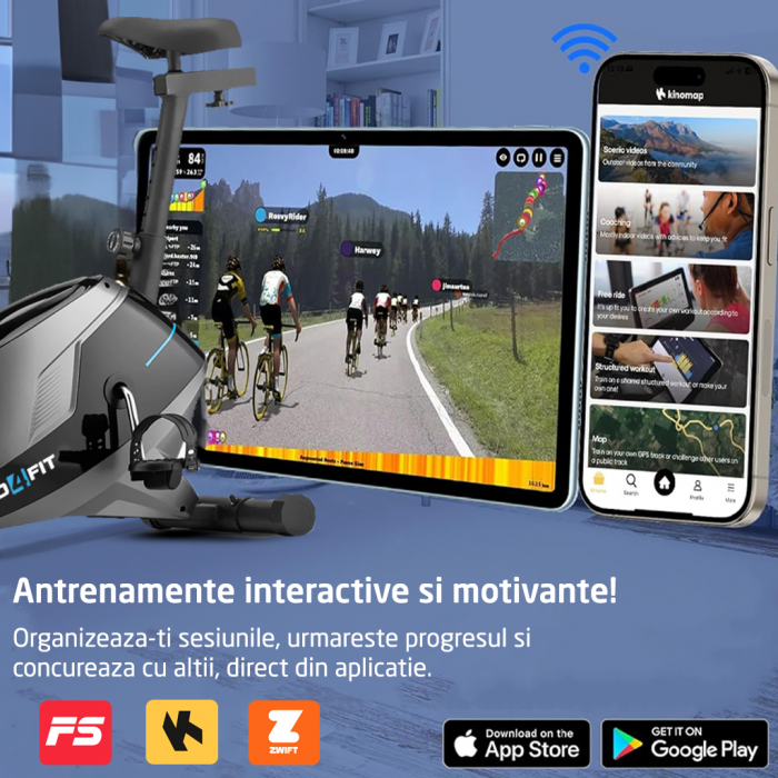 Bicicleta Fitness GO4FIT® Model GF110, Volanta Magnetica 4kg, Aplicatii Bluetooth, Kinomap, Zwift, FitShow, Greutate Maxima 120kg, Viteza, Puls, Distanta, Timp, Calorii, Suport Telefon Mobil [8]