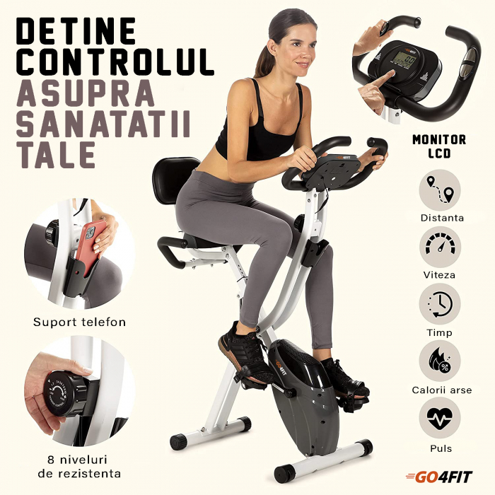 Bicicleta fitness magnetica, GO4FIT, model GF300, verticala, pliabila, volanta 1.6 kg, greutate maxima utilizator 100 kg, functii: timp, viteza, distanta, calorii, puls, 8 niveluri de rezistenta [6]