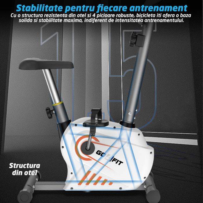 Bicicleta Magnetica Fitness GO4FIT®, Model GF100, Volanta 3 kg, 8 Niveluri Intensitate, Greutate Maxima 130 kg, Rezistenta Magnetica Ajustabila, Monitorizare: Distanta, Viteza, Calorii, Timp [7]