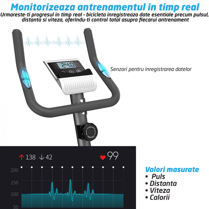 Bicicleta Magnetica Fitness GO4FIT®, Model GF100, Volanta 3 kg, 8 Niveluri Intensitate, Greutate Maxima 130 kg, Rezistenta Magnetica Ajustabila, Monitorizare: Distanta, Viteza, Calorii, Timp [6]