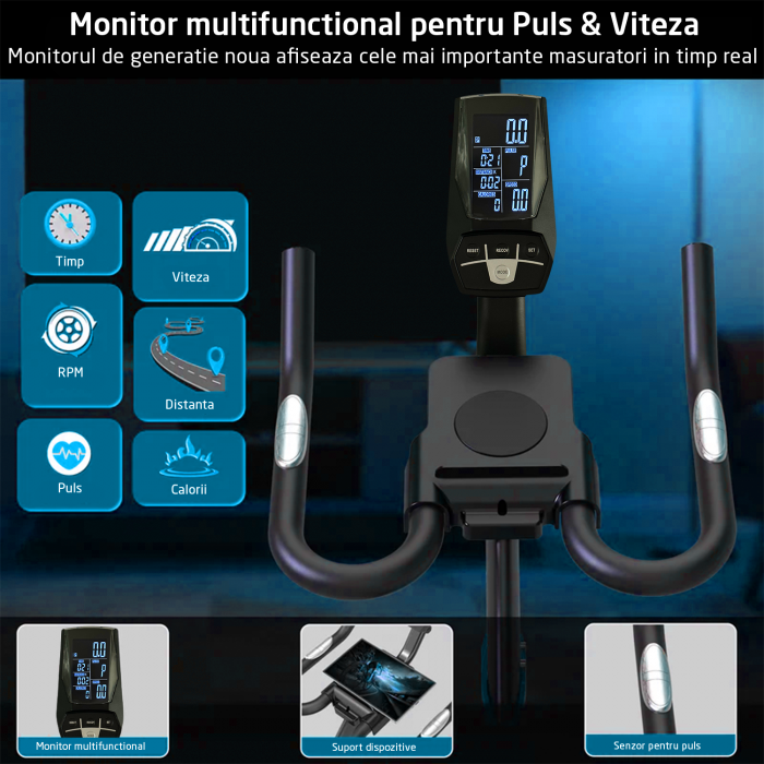 Bicicleta Spinning Magnetica GO4FIT® Model GF210, Volanta 10 kg, Rezistenta Ajustabila, Greutate Maxima Utilizator 130 kg, Bluetooth, Aplicatii Fitness Telefon, Monitor, Distanta, Viteza, Calorii [2]
