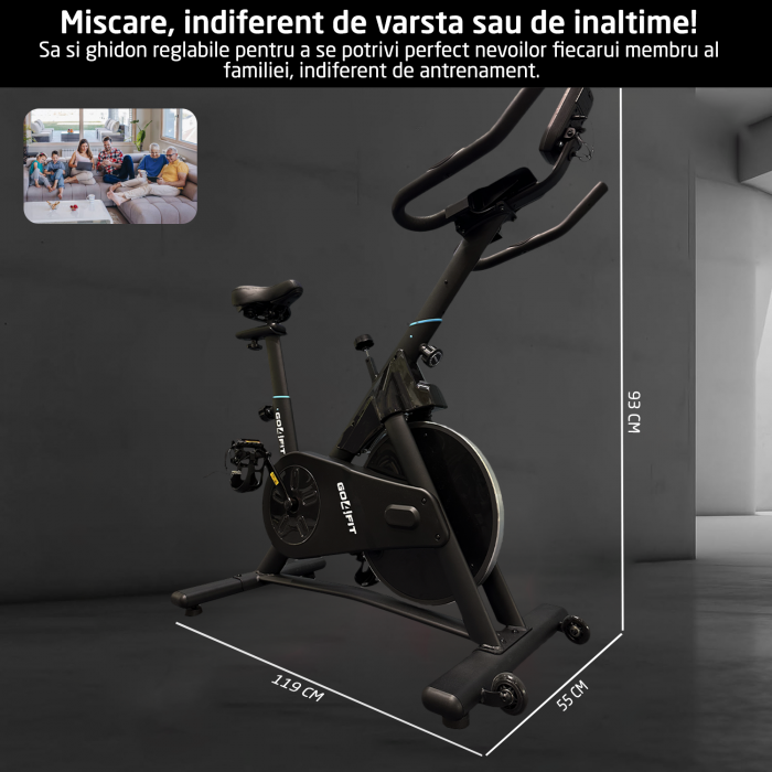 Bicicleta Spinning Magnetica GO4FIT® Model GF210, Volanta 10 kg, Rezistenta Ajustabila, Greutate Maxima Utilizator 130 kg, Bluetooth, Aplicatii Fitness Telefon, Monitor, Distanta, Viteza, Calorii [6]