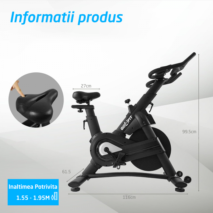 Bicicleta Spinning Magnetica GO4FIT® Model GF220 PRO, Volanta 18kg, Rezistenta Ajustabila, Greutate Maxima Utilizator 150kg, Bluetooth, Aplicatii Fitness Telefon, Monitor, Distanta, Viteza, Calorii [7]