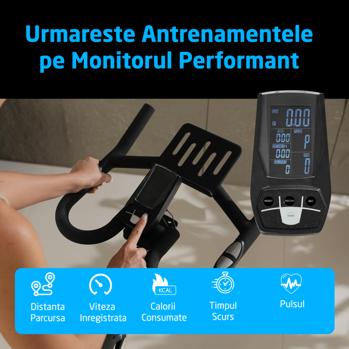 Bicicleta Spinning Magnetica GO4FIT® Model GF220 PRO, Volanta 18kg, Rezistenta Ajustabila, Greutate Maxima Utilizator 150kg, Bluetooth, Aplicatii Fitness Telefon, Monitor, Distanta, Viteza, Calorii [5]