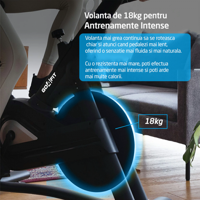 Bicicleta Spinning Magnetica GO4FIT® Model GF220 PRO, Volanta 18kg, Rezistenta Ajustabila, Greutate Maxima Utilizator 150kg, Bluetooth, Aplicatii Fitness Telefon, Monitor, Distanta, Viteza, Calorii [6]