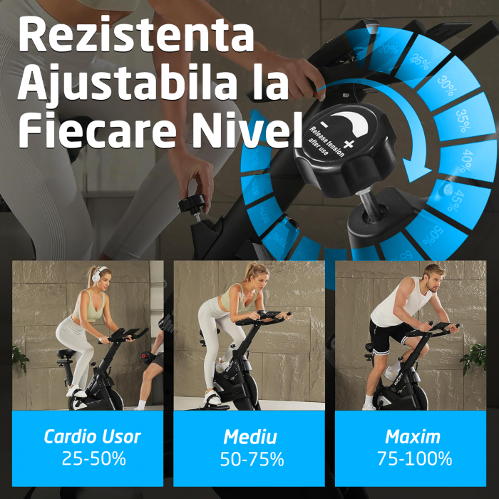 Bicicleta Spinning Magnetica GO4FIT® Model GF220 PRO, Volanta 18kg, Rezistenta Ajustabila, Greutate Maxima Utilizator 150kg, Bluetooth, Aplicatii Fitness Telefon, Monitor, Distanta, Viteza, Calorii [3]