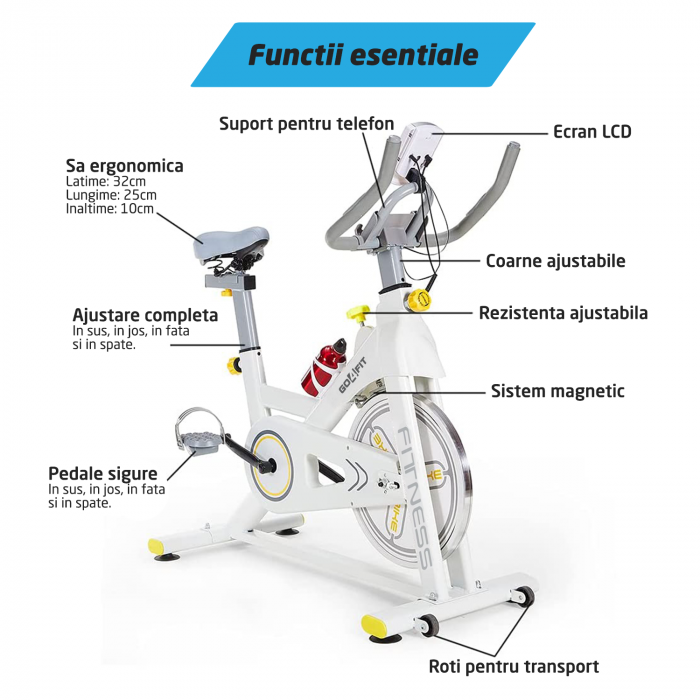 Bicicleta Spinning Magnetica Fitness GO4FIT®, Model GF200, Volanta 10kg, Greutate Maxima 150kg, Rezistenta Magnetica Ajustabila, Monitorizare Activitate: Distanta, Viteza, Calorii, Timp, Puls [8]
