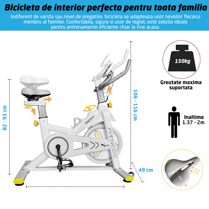 Bicicleta Spinning Magnetica Fitness GO4FIT®, Model GF200, Volanta 10kg, Greutate Maxima 150kg, Rezistenta Magnetica Ajustabila, Monitorizare Activitate: Distanta, Viteza, Calorii, Timp, Puls [2]