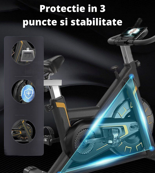 Bicicleta spinning pentru fitness, GO4FIT®, model GF500, volanta 5kg, greutate maxima utilizator 150 kg, functii: timp, viteza, distanta, calorii, puls, culoare negru/crem [2]