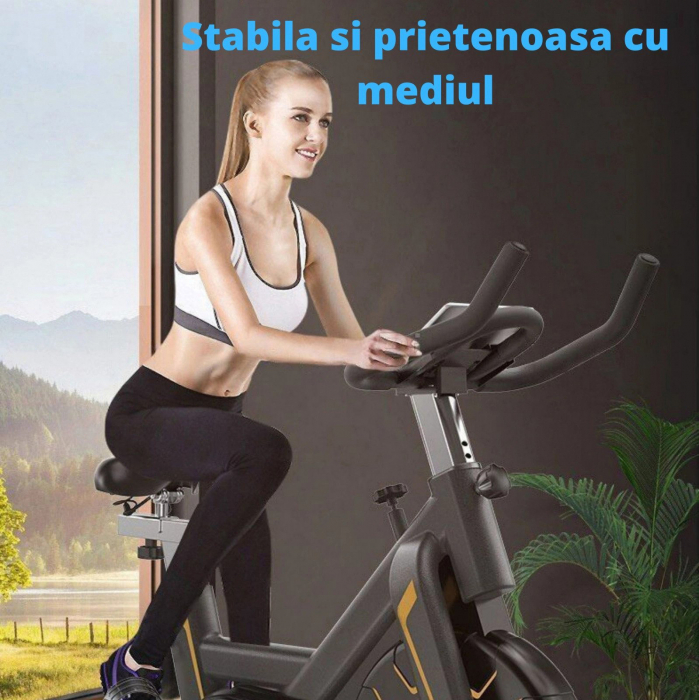 Bicicleta spinning pentru fitness, GO4FIT®, model GF500, volanta 5kg, greutate maxima utilizator 150 kg, functii: timp, viteza, distanta, calorii, puls, culoare negru/crem [11]